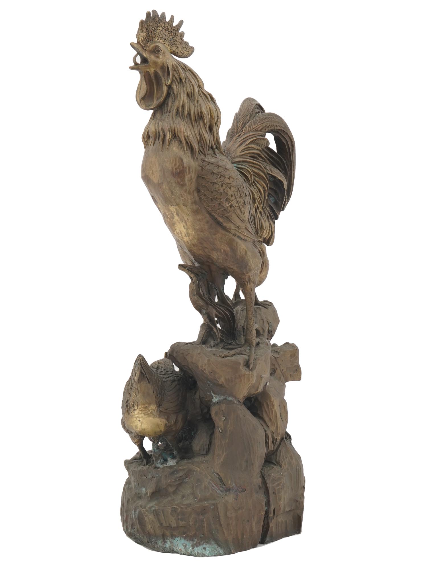PATINATED BRASS SCULPTURE OF ROOSTER AND CHICKENS PIC-1